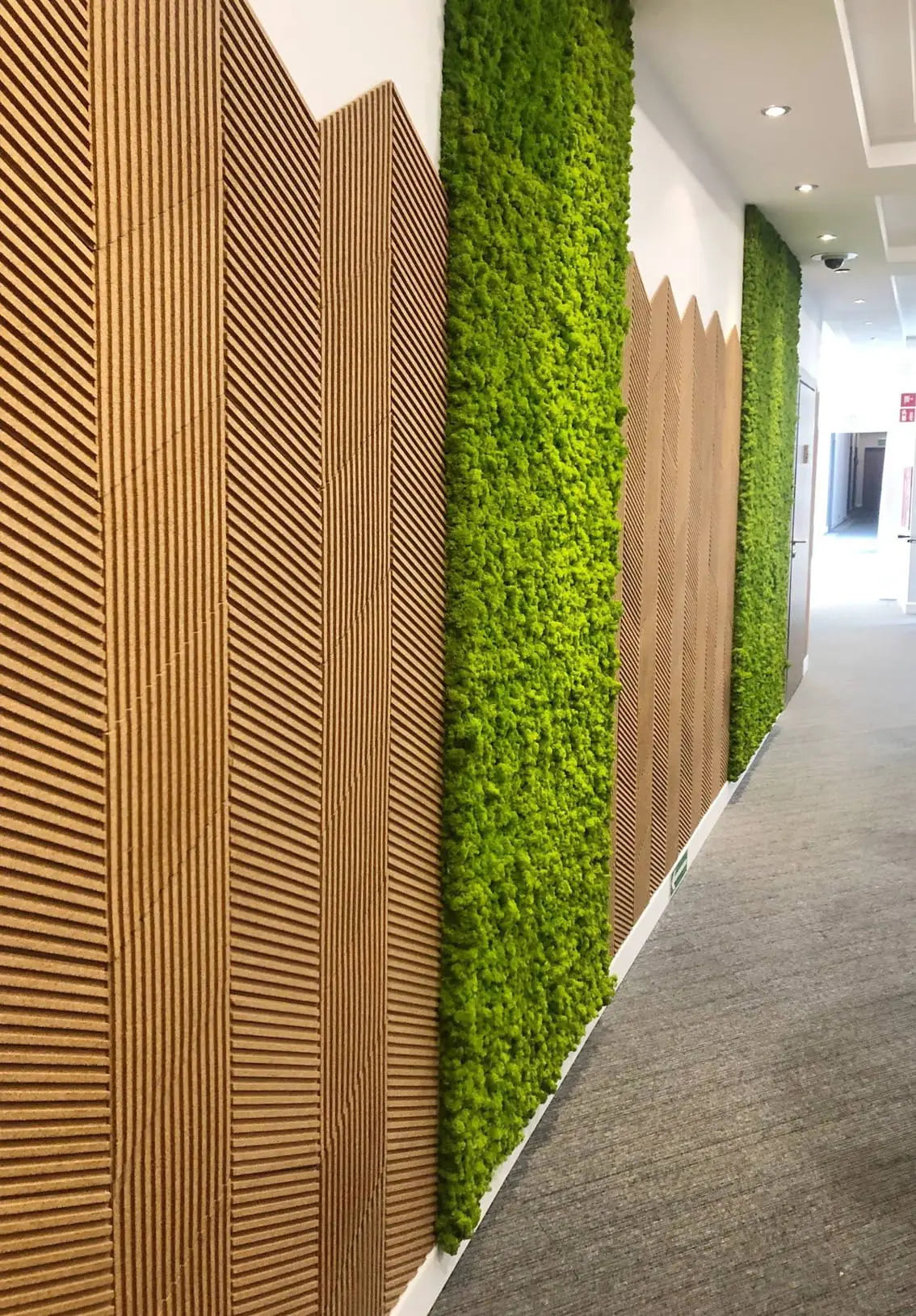 DIAMOND STRIPE 3D Cork Acoustic Wall Panels feature wall combined with moss DecorMania UK